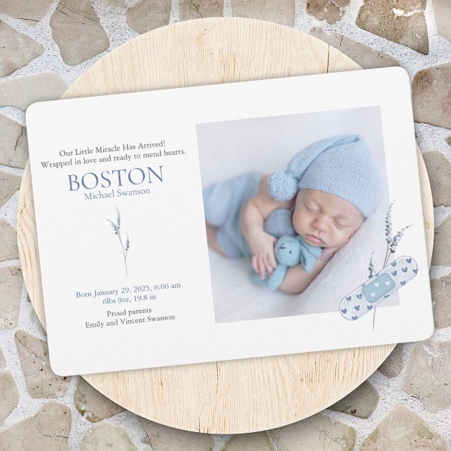 Mending Hearts Blue Baby Announcement Card (Blue band-Aid themed baby announcement with photo slots, details, and a heartfelt message.)