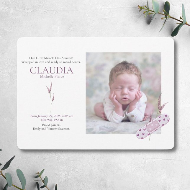 Mending Hearts Pink Baby Announcement Card (Band-Aid themed baby announcement with photo slots, details, and a heartfelt message.)