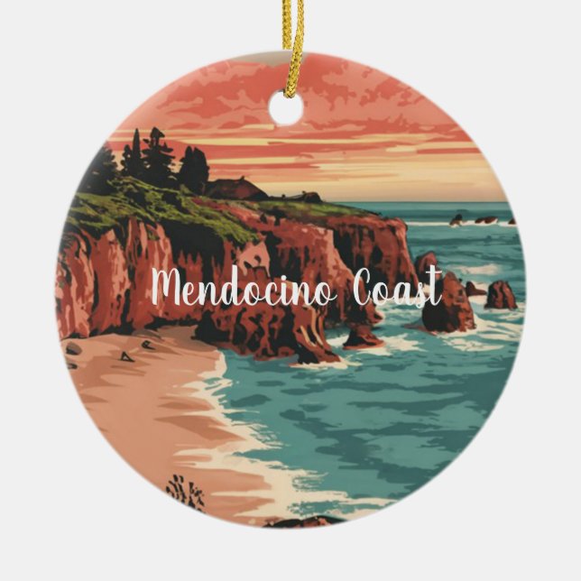 Mendocino Coast, California Retro Watercolor Ceramic Ornament (Front)