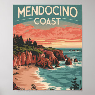 Mendocino Coast, California Retro Watercolor Poster