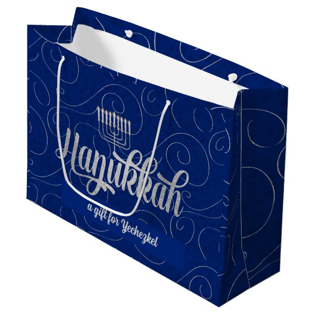 Menorah and Star of David with Blue Swirls Large Gift Bag (Front Angled)