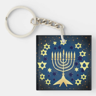 Menorah and Stars Blue and Green Keychain