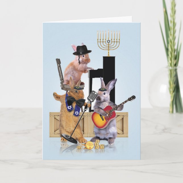 Menorah Animal Bands-Rabbits  Chanukah Card (Front)
