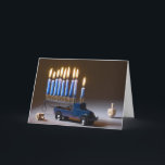 Menorah Blue Truck Chanukah Card<br><div class="desc">Send Chanukah greetings with a Menorah on a blue truck with dreidels.</div>