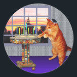 Menorah Cat Classic Round Sticker<br><div class="desc">So the cat is a redhead he’s an Ashkenazi! And it's sundown so he's put on his kippah, he's lighting the candles and saying the prayers, and remembering that A Great Miracle Happened There.</div>