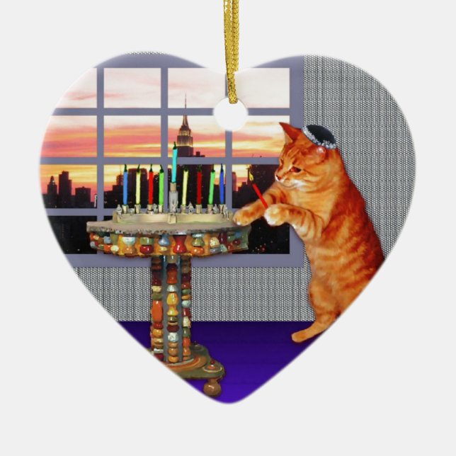 menorah cat.jpg ceramic ornament (Front)