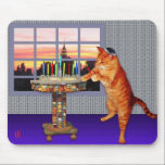 Menorah Cat Mouse Pad<br><div class="desc">So the cat is a redhead he’s an Ashkenazi! And it's sundown so he's put on his kippah, he's lighting the candles and saying the prayers, and remembering that A Great Miracle Happened There.</div>