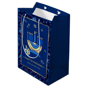 Menorah & Dreidels   Custom Name Hanukkah  Medium Gift Bag