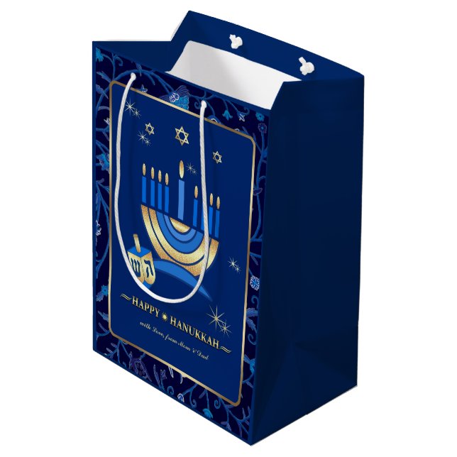 Menorah & Dreidels | Custom Name Hanukkah  Medium Gift Bag (Back Angled)