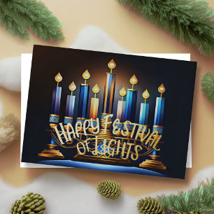 Menorah Festival of Lights Blue Abstract Drawing Foil Holiday Card