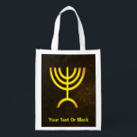 Menorah Flame Reusable Grocery Bag<br><div class="desc">A brown and gold digital rendering of the Jewish seven-branched menorah (Hebrew: מְנוֹרָה). Add your own text. The seven-branched menorah, used in the portable sanctuary set up by Moses in the wilderness and later in the Temple in Jerusalem, has been a symbol of Judaism since ancient times and is the...</div>