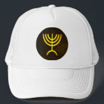 Menorah Flame Trucker Hat<br><div class="desc">A digital rendering of the Jewish seven-branched menorah (Hebrew: מְנוֹרָה). The seven-branched menorah, used in the portable sanctuary set up by Moses in the wilderness and later in the Temple in Jerusalem, has been a symbol of Judaism since ancient times and is the emblem on the coat of arms of...</div>