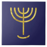 Menorah Gold-Look on Navy Tile<br><div class="desc">Menorah with Paleo Hebrew lettering. Personalize by selecting 'Click to customize further" to make this your own design. Or 'Transfer this design' to print a the same design onto different product. And thou shalt make a candlestick of pure gold: of beaten work shall the candlestick be made: his shaft, and...</div>