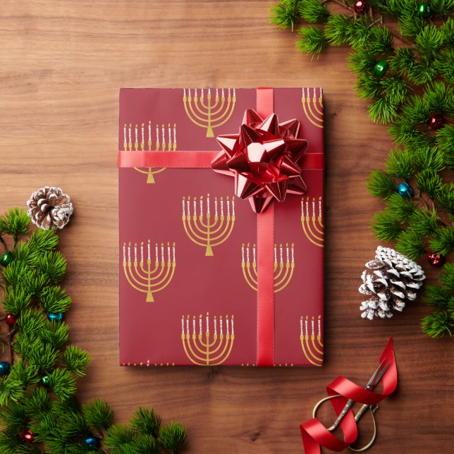 Menorah Hanukkah Candles Drawing Festive Ruby Red Wrapping Paper (Holiday Gift)