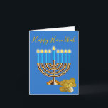 Menorah Hanukkah Holiday Card<br><div class="desc">Elegant Hanukkah greeting card done in blue, with graphics of a lit up gold Menorah with blue candles and a pile of gelt coins. Personalize the greeting inside to read what you want.</div>