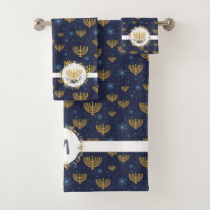 Menorah Hanukkah Pattern Watercolor Monogram Bath Towel Set