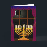 Menorah In Window Holiday Card<br><div class="desc">Menorah reflected in window,  with waning moon in night sky,  and Hanukkah blessing inside</div>
