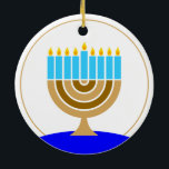 Menorah - Minimalist Modern Ceramic Ornament<br><div class="desc">Ornament: modern menorah with blue candles for your Hanukkah bush.

Happy Hanukkah in both Hebrew and English on the front.</div>