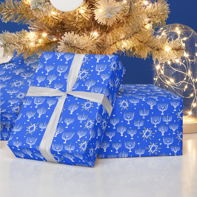 Menorah Star of David Hanukkah Pattern Blue Gift Wrapping Paper (Holidays)