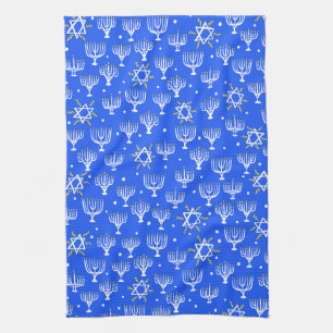 Menorah Star of David Hanukkah Pattern Blue White Kitchen Towel