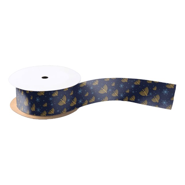 Menorah Star of David Pattern Navy Blue Hanukkah Satin Ribbon (Spool)