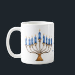 Menorah with Burning Candles Happy Hanukkah Coffee Mug<br><div class="desc">Watercolor menorah with blue burning candles. Happy Hanukkah greeting can be changed. AI assisted graphic purchased with commercial use. Artwork: CosmicMeta</div>