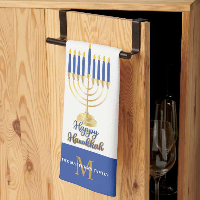 Menorah with Lights Happy Hanukkah Monogram Kitche Kitchen Towel (Thirds Fold)
