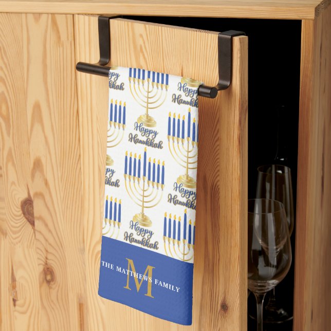 Menorah with Lights Happy Hanukkah Monogram Kitchen Towel (Thirds Fold)