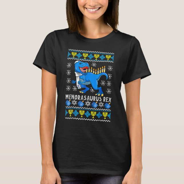 Menorasaurus Rex Trex Menorah Ugly Hanukkah Chanuk T-Shirt (Front)