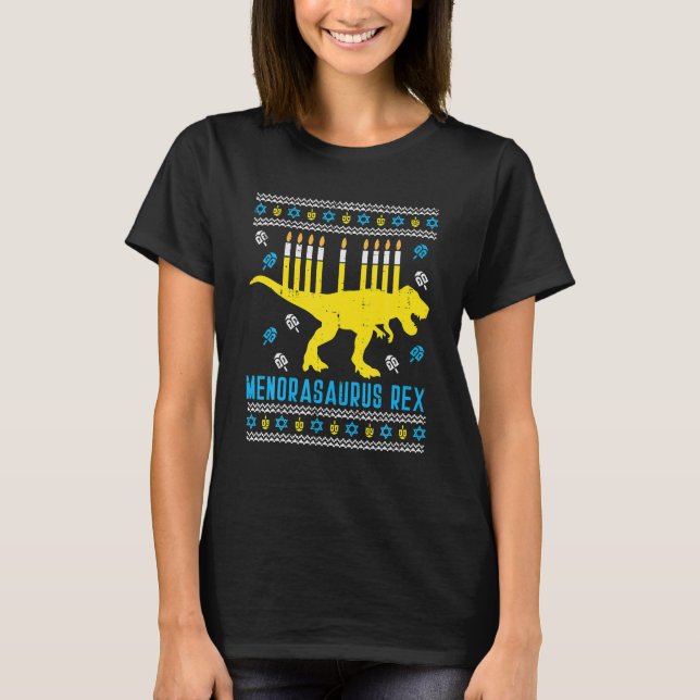 Menorasaurus Rex Trex Menorah Ugly Hanukkah T-Shirt (Front)
