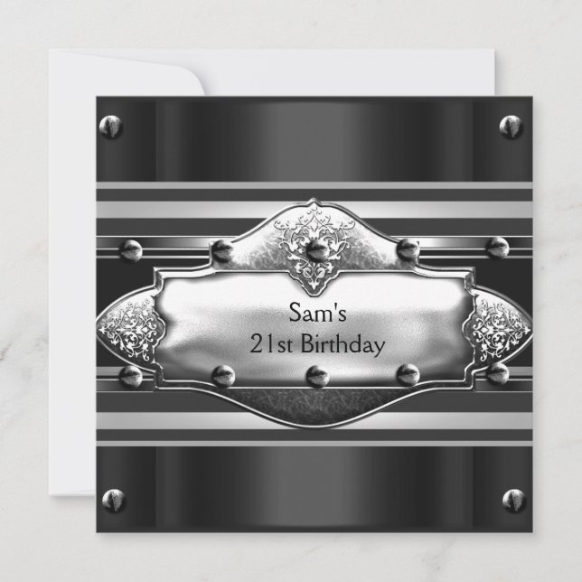 Mens 21st Birthday Party Black Metal Silver Mans Invitation (Front)
