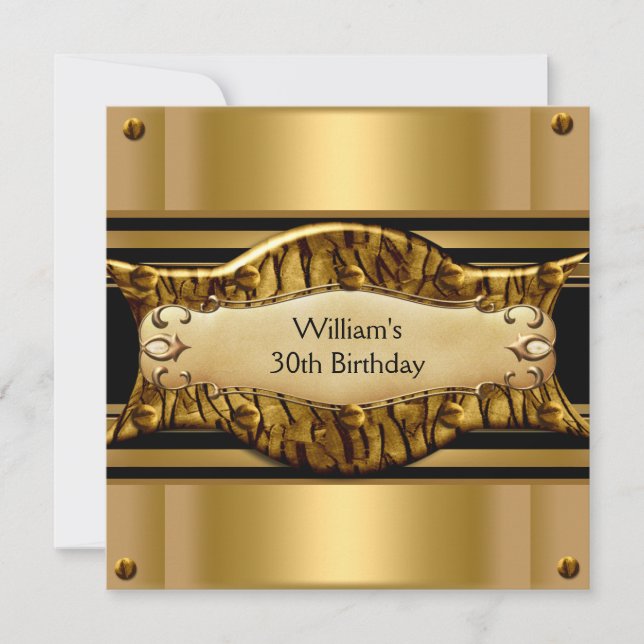Mens 30th Birthday Party Gold Black Exotic Invitation (Front)