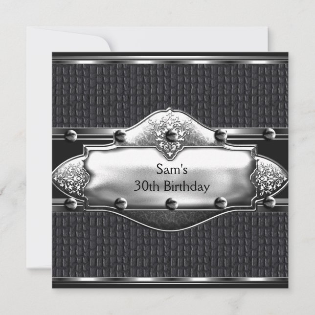 Mens 30th Birthday Party Leather Silver Mans Invitation (Front)