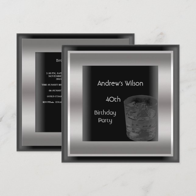 Mens 40th Birthday Party Elegant Black Silver Man Invitation (Front/Back)