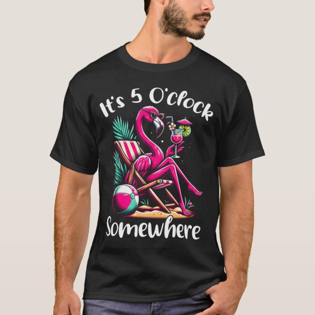 Mens 5 Oclock Somewhere Flamingo Drinking Beach T-Shirt (Front)