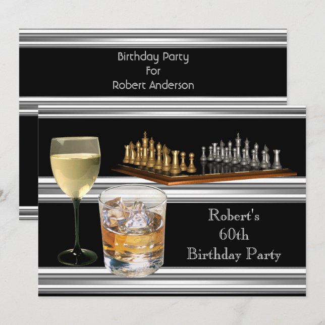 Mens 60th Birthday Party Chess Set Drinks Silver Invitation (Front/Back)
