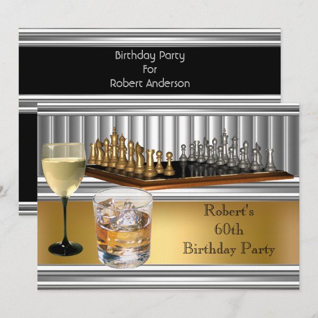 Mens 60th Birthday Party Chess Set Metal Gold Invitation (Front/Back)