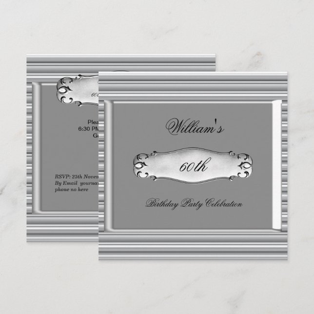 Mens 60th Birthday Party Silver Metal Mans Invitation (Front/Back)
