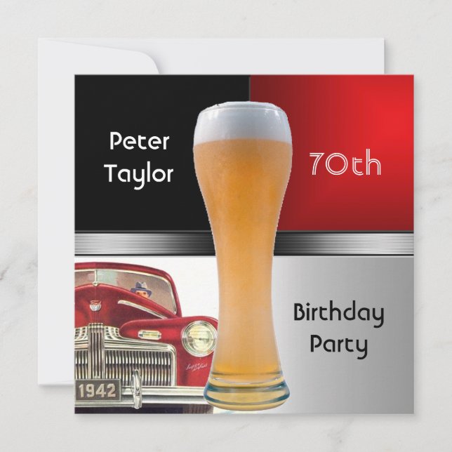 Mens 70th Birthday Party Red Retro Red Car Beer Invitation (Front)
