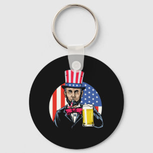 Mens Abe Lincoln Drinking Beer Funny 4th Of July Keychain