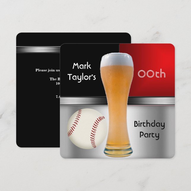 Mens Add Age Birthday Party Red Beer Baseball Ball Invitation (Front/Back)