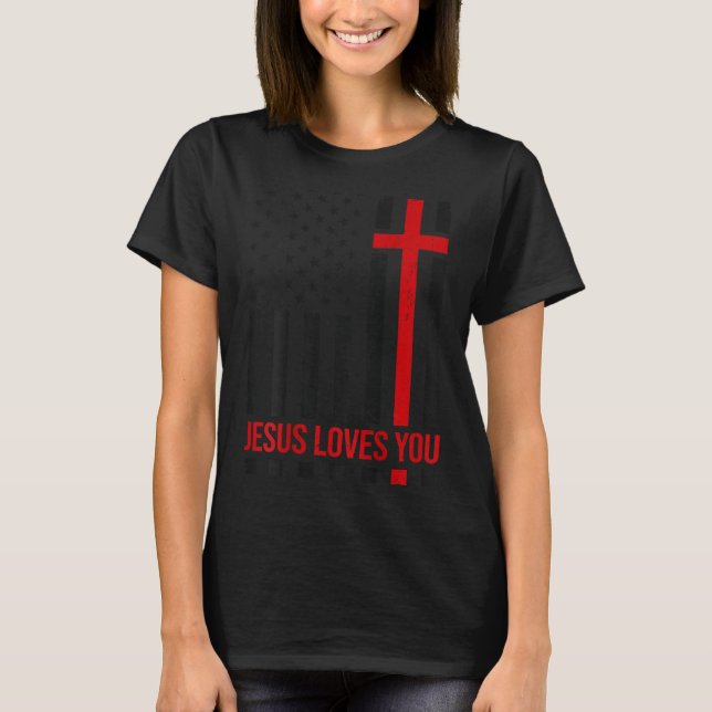 Mens American Flag Jesus Loves You Christian Faith T-Shirt (Front)