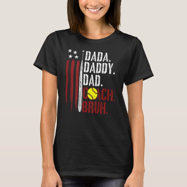 Mens American Flag Softball Coach Dad Daddy Father T-Shirt (Front)