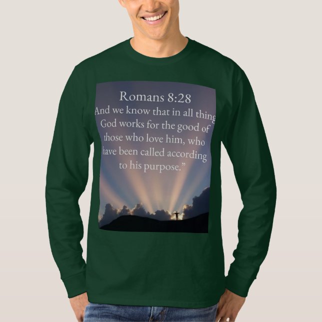 Mens Bible Verse Romans 8:28 Bible Long Sleeve Tee (Front)