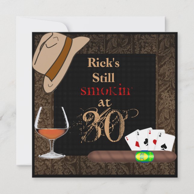 MENS Birthday Cigars,Poker FEDORA Hat INVITATIONS (Front)