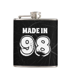 Mens Birthday Made in 98 Distressed Text Black Hip Flask