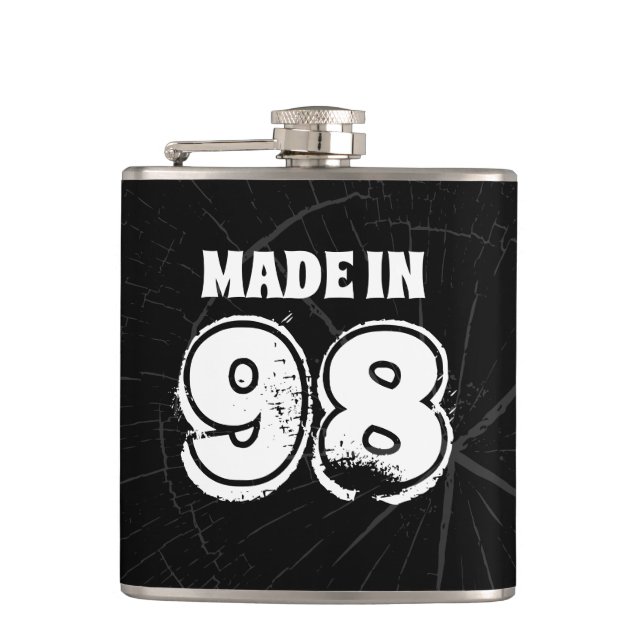 Mens Birthday Made in 98 Distressed Text Black Hip Flask (Front)