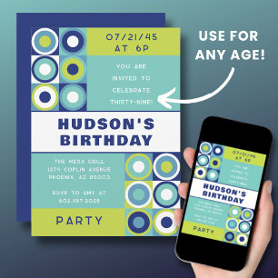 Mens Birthday Modern Retro Any Age Bold Blue Green Invitation