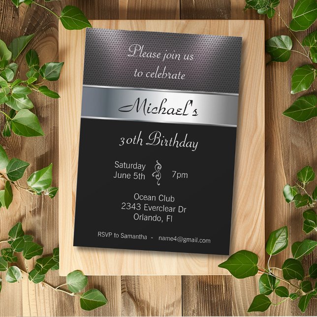 Men's Birthday Party Metal Silver Black Metallic Invitation (Creator Uploaded)