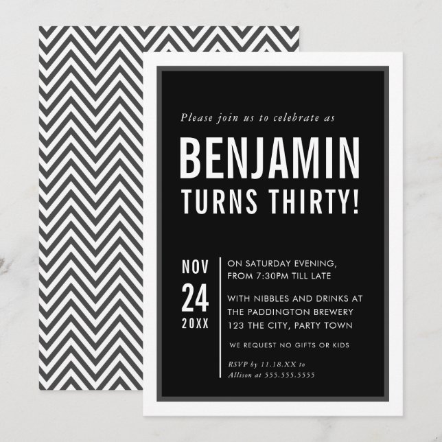 MEN'S BIRTHDAY PARTY modern typography black white Invitation (Front/Back)